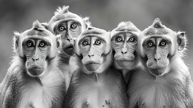 a group of monkeys with huge eyes sitting next to each other