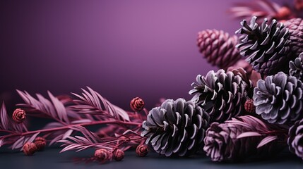  a bunch of purple pine cones sitting on top of a table next to a bunch of green leaves and a purple background.