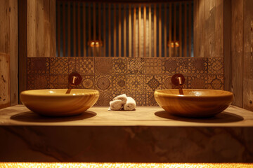 The traditional Turkish hammam experience, with a focus on the wooden scrubbing and massage area, featuring characteristic round basins and authentic cleansing tools. - obrazy, fototapety, plakaty