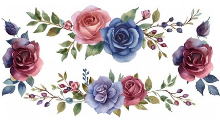Naklejka premium Watercolor Burgundy roses, twigs, leaves. For composition of roses, floral frame with roses on a white background