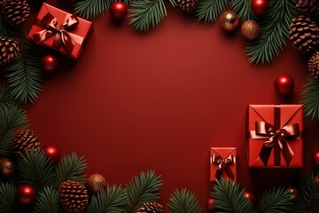  a red christmas background with presents, pine cones, and a red background with pine cones and a red background with presents.