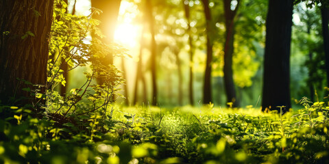 Fototapeta premium Sunlight Streaming Through Verdant Forest, Unfocused Green Trees and Wild Grass, Serene Summer Spring Natural Park Background