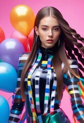 A woman with long blonde hair wearing a metallic jacket stands in front of a bunch of balloons.