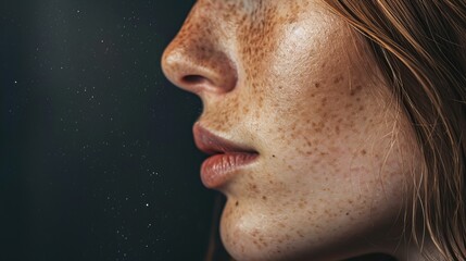 Close-up of a woman's body covered in freckles and pigmentation against a dark background