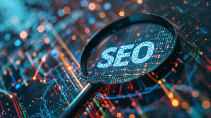 SEO sign seen through a magnifying glass over a vibrant circuit board, web analytics and keywords research in search engine optimization and digital marketing concept. - obrazy, fototapety, plakaty