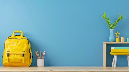 3D Rendering School desk with school accessory and yellow backpack on blue background