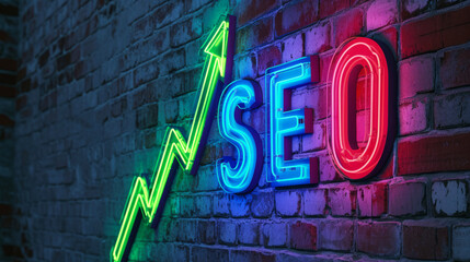 Fototapeta na wymiar SEO colorful neon sign with upward green arrow on a brick wall, concept of growth in search engine optimization and online marketing success, ranking improvement.