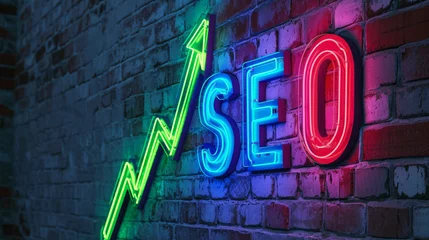 Foto op Plexiglas SEO colorful neon sign with upward green arrow on a brick wall, concept of growth in search engine optimization and online marketing success, ranking improvement. © salarko