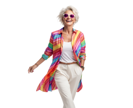 Stylish, happy, mature woman walking, cut out