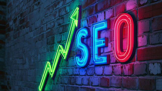 SEO colorful neon sign with upward green arrow on a brick wall, concept of growth in search engine optimization and online marketing success, ranking improvement.