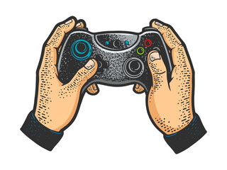 Gamepad joystick controller in hands sketch color hand drawn engraving raster illustration. T-shirt apparel print design. Scratch board imitation. Black and white hand drawn image. © Oleksandr Pokusai