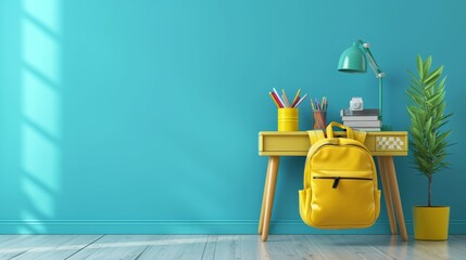 3D Rendering School desk with school accessory and yellow backpack on blue background - obrazy, fototapety, plakaty
