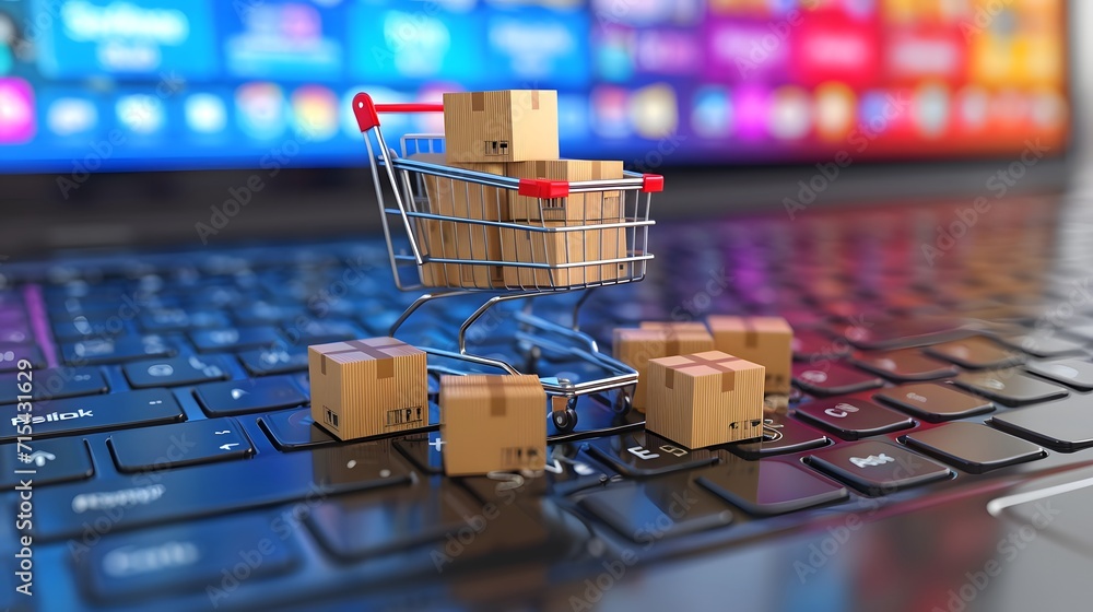 Poster shopping cart on computer keyboard, a shopping cart is on top of a laptop computer with boxes on the