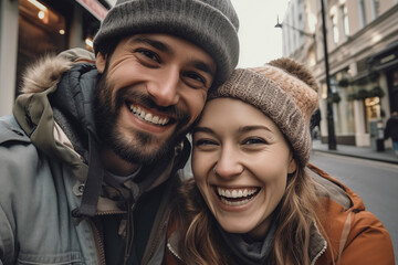 Portrait of young couple in the city street. Millennial man and woman taking selfie picture outdoor with houses and cars in background. Happy expression portrait people. Friendship and relationship - obrazy, fototapety, plakaty