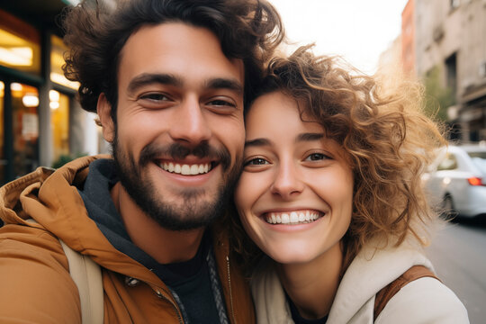 Portrait of young couple in the city street. Millennial man and woman taking selfie picture outdoor with houses and cars in background. Happy expression portrait people. Friendship and relationship