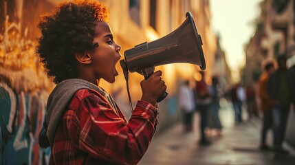A little boy yelling in protest via a megaphone