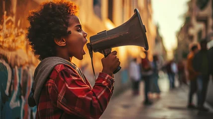 Fotobehang A little boy yelling in protest via a megaphone © Suleyman