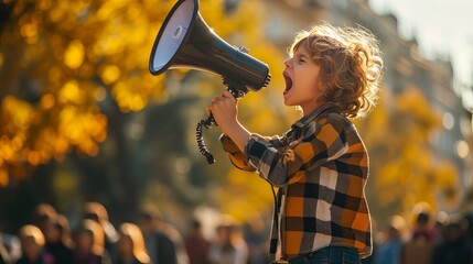 A little boy yelling in protest via a megaphone