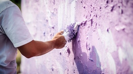  a man is painting a purple wall with purple and white paint and a spray of paint on the side of the wall.