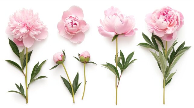 Set of beautiful peony flowers on white background