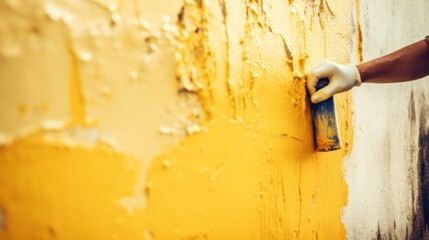  a close up of a person's hand holding a paint roller near a wall with peeling paint on it.