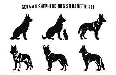 German Shepherd Dog Silhouettes vector Set, Dogs breed Black Silhouette Bundle