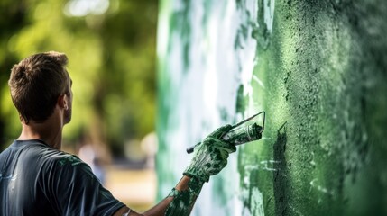  a man is painting a green wall with a paint roller and a pair of green gloves on his left hand. - Powered by Adobe