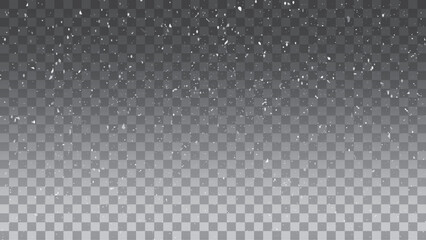 Seamless realistic falling snow Isolated on transparent background.  Vector heavy snowfall, snowflakes in different shapes and forms. Many white cold flake elements on transparent background.