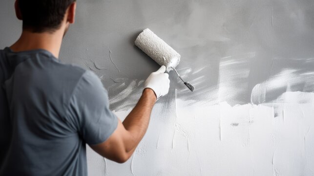  a man painting a wall with a roller of white paint on the wall and a roller of white paint on the wall.
