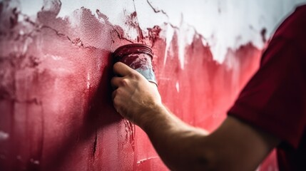  a man is painting a red wall with a red paint roller and a can of red paint on the wall.