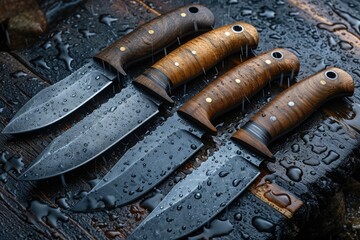 Black Damascus steel Knives on a wooden board in the rain