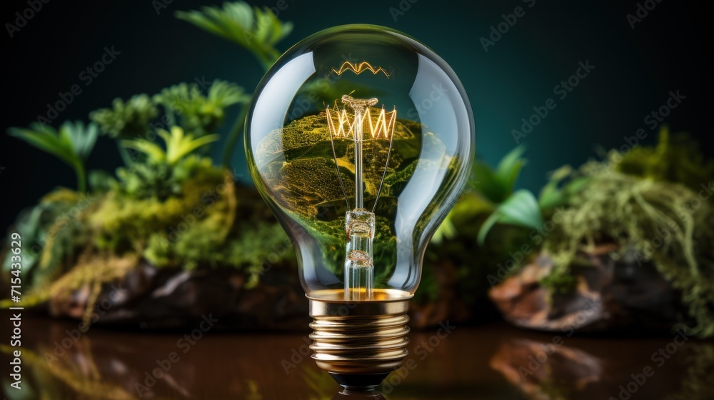 Poster a light bulb with a picture of a mountain inside of it on a table with moss growing in the backgroun