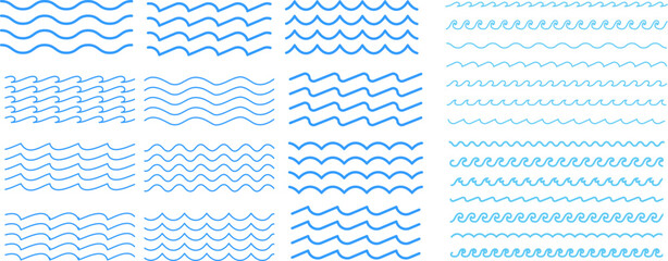 Water wave, sea wave set. Zigzag line. Water logo, symbol vector collection.  Vector illustration - obrazy, fototapety, plakaty