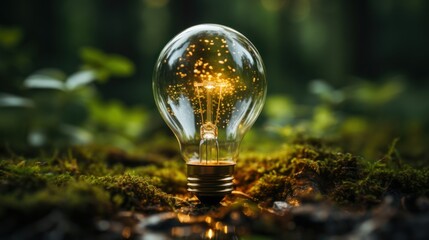  a glowing light bulb sitting on top of a moss covered ground in front of a forest filled with green leaves.