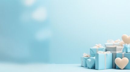 Valentine's Day background. Gift box on pastel blue background. Valentines day concept. Flat lay, top view, copy space