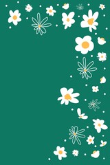 Hand-drawn daisy flower on green backgrounds illustration.  Flower frame for flower shop with label designs. Summer floral greeting card. Flowers background for cosmetics packaging. Cute floral
