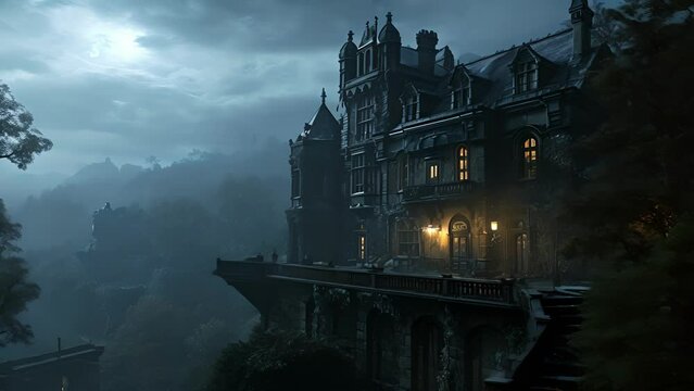 Every night, a somber figure can be seen standing on the balcony of the manor, looking out into the empty landscape. Some say its the ghost of the last owner, forever ped Fantasy animatio