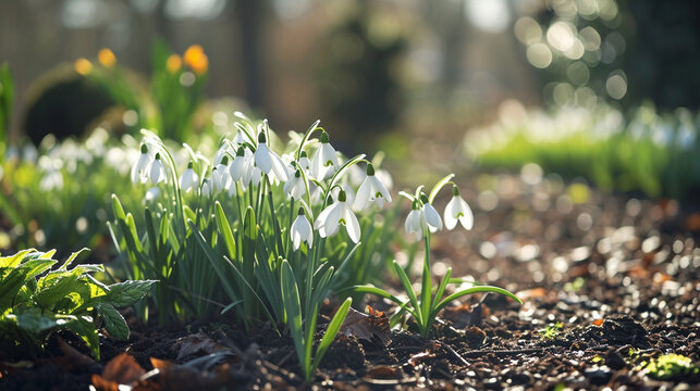 An enchanting garden scene featuring a variety of snowdrop varieties, each delicately nodding in the breeze. The interplay of shades and shapes showcases the diversity within this