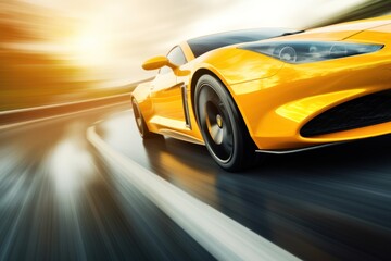  a close up of a yellow sports car driving down a road with blurry lights on the side of it. - obrazy, fototapety, plakaty