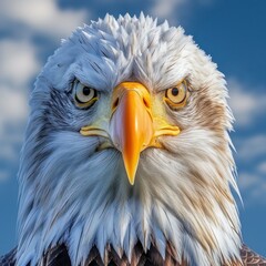 a bald eagle in front of snowy mountains.