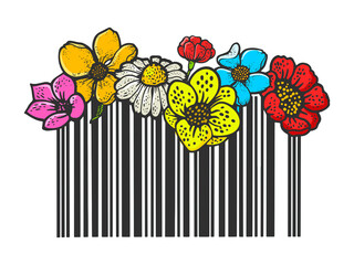 Obraz premium Barcode with flowers sketch hand drawn color engraving raster illustration. T-shirt apparel print design. Scratch board imitation. Black and white hand drawn image.