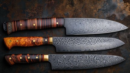 Knives made of Damascus steel on a wooden board - obrazy, fototapety, plakaty