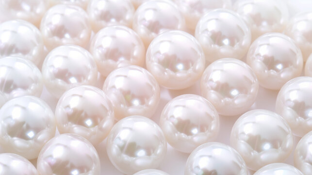 Close-up image of multiple smooth and shiny white pearls scattered on a surface, representing luxury, elegance, or a concept related to jewelry