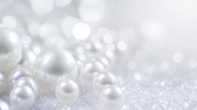 Elegant white pearls with a soft bokeh background, suitable for a luxury or jewelry concept