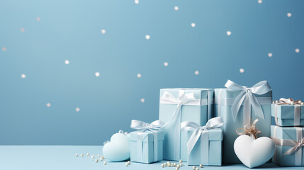 Valentine's Day background. Gift box on pastel blue background. Valentines day concept. Flat lay, top view, copy space