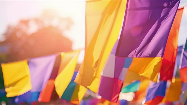 Closeup of brightly colored banners and flags waving in the wind at a cultural festival.