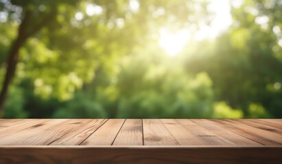 a blurrred wood tabletop on top of a tree and nature background.
