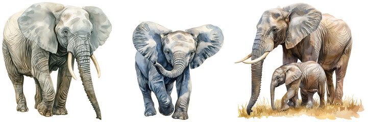 Watercolour style clipart bundle of african elephants, adult and baby, isolated on a transparent background