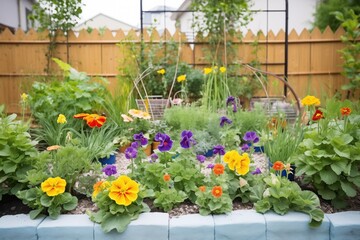 edible flower bed with marigolds and pansies - obrazy, fototapety, plakaty