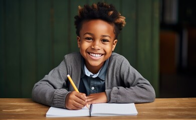 a small black boy working on his laptop computer at a desk with a smile